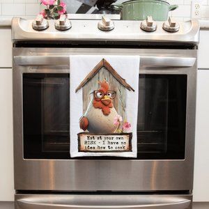 "Eat at Your Own RISK" Funny Farmhouse Chicken Handmade Decorative Towel